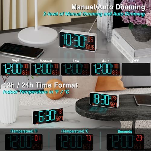 KOSUMOSU Small Digital Clock for Bedroom, 6.7in Desk Clock, Auto Dimming, Room Temperature, Day of The Week, Date, Seconds, Alarm Clocks for Bedrooms, Clocks for Living Room - Image 2