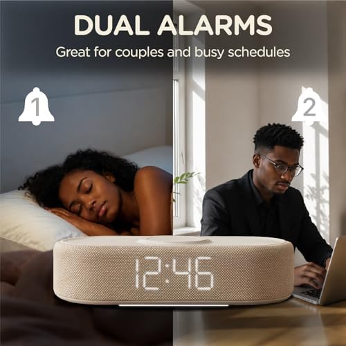 Fabric Digital Alarm Clock for Bedroom, Wireless Charging, Beige - Image 2
