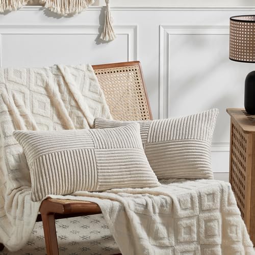 Fancy Homi 2 Packs Neutral Taupe Lumbar Decorative Throw Pillow Covers 14x22 Inch for Living Room Couch Bed Sofa, Farmhouse Home Decor, Soft Striped Corduroy Rectangle Accent Cushion Case 35x55 cm by Fancy+Homi