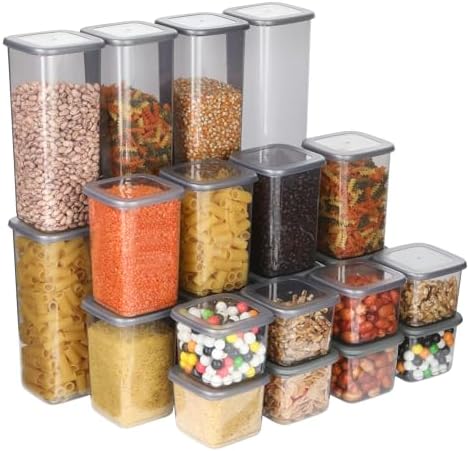 T&D HOME GOODS Storage Jars with Lid, Airtight, Set of 24 Storage Containers, BPA-Free, Storage Container for Cereal, Flour, Kitchen, Practical Organiser Kitchen, (24, 3 Square diff size) by Unknown