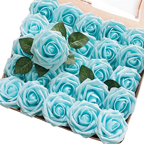 Floroom Artificial Flowers 25pcs Real Looking Aqua Blue Foam Fake Roses with Stems for DIY Wedding Bouquets Baby Shower Centerpieces Floral Arrangements Party Tables Home Decorations by Floroom