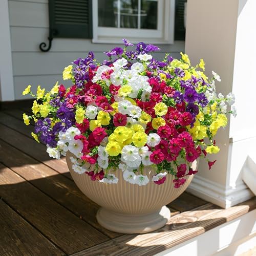 HyeFlora Artificial Flowers for Outdoors Fake Plants Outside Decoration, 12 Bundles Silk Colorful Morning Glory with Eucalyptus UV Resistant Realistic Faux Flowers for Planter Front Door Garden Yard - Image 3