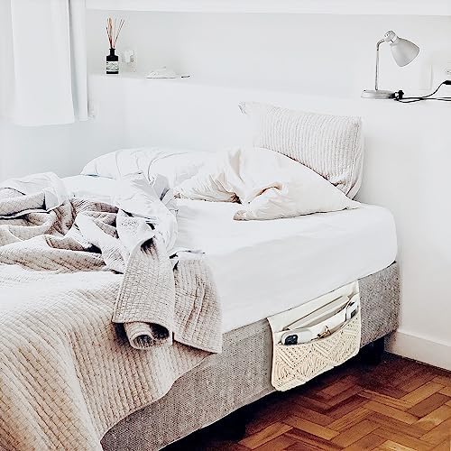 Mkono Macrame Bedside Caddy, Boho Bed Storage Organizer, 4 Pockets Ivory - Image 3