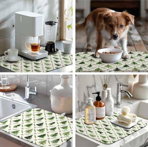 Christmas Dish Drying Mat for Kitchen Counter 16x18 Inch Sage Green Xmas Tree Drying Mats Winter Holiday Dish Drainer Pad Microfiber Absorbent Dish Draining Mat for Coffee Bar - Image 7