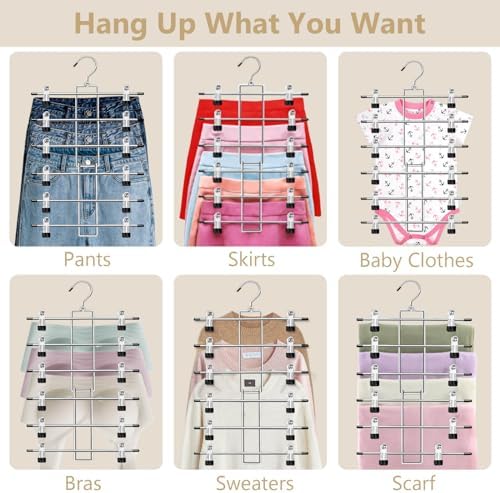 Pants Hangers with Clips,Space Saving Hanging Closet Organizer-6 Tiers Skirt Hangers with 360° Swivel Hook,Closet Organizer-Clothes Hangers- College Dorm Essentials Apartment Essentials-2 Pack - Image 4
