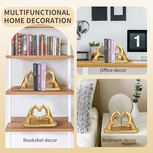 Gold Decorative Bookends for Shelves, Heart Hands Book Ends Sculpture Aesthetic Decor for Bedroom Living Room Merch Apartment Bookshelf Birthday Women Decorations Stuff Aesthetic - Image 6