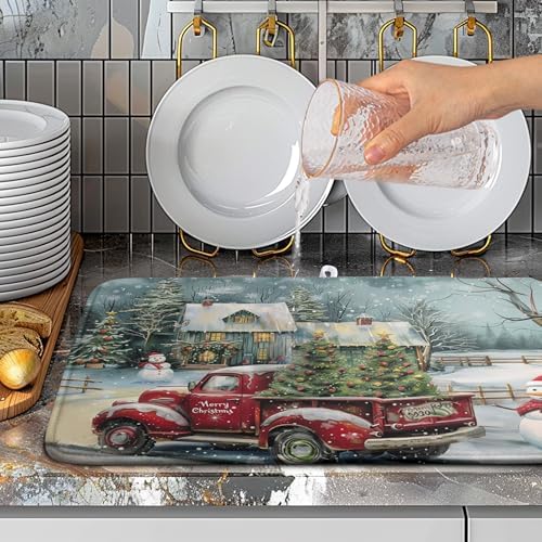 Christmas Red Truck Xmas Tree Snowman Dish Drying Mat for Kitchen Counter 18x24 Inch Winter Snowflake Vintage Absorbent Dish Pad Farmhouse Microfiber Dish Drainer Mats Christmas Kitchen Accessories - Image 5