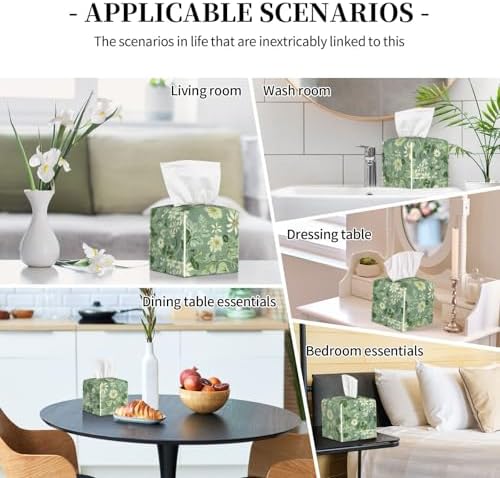 Green Floral Tissue Box Cover Square Leather Tissue Case Holder Facial Paper Organizer Dispenser Decorative for Tabletop Night Stands Desk Bathroom Kitchen Car Office Home Decor - Image 7