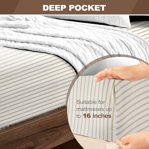 FreshCulture California King Fitted Sheet Only - Hotel Quality Fitted Sheet - Ultra Soft & Breathable - Brushed Microfiber - Deep Pocket - Cooling Fitted Sheets for Cal King Size Bed (Stripe Beige) - Image 4
