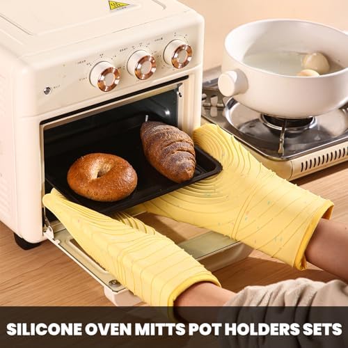 4 Pieces Oven Mitts and Pot Holders of Macaron Color Thickened Non-Slip Silicone Kitchen Gloves, Heat Resistant up to 500F, Essential for Kitchen Baking(makal-Huang) - Image 6