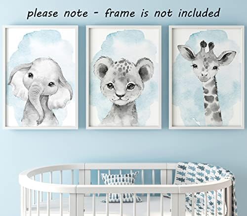 Safari Animals Baby Boys Nursery Set of 3 Unframed Wall Art Prints, Gray Baby Animals with Blue Watercolor Style Splash, Elephant Lion Giraffe, Child Bedroom Nursery Decor Posters (11x14) - Image 5