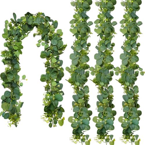 4 Packs 5.74 Ft Artificial Eucalyptus Garland Leaves with Flowers Artificial Fake Greenery Hanging Vines for Wedding Table Home Stairs Decor Decorations Garland for Mantle by AutokcanBestFriendsForYourCarDetailing