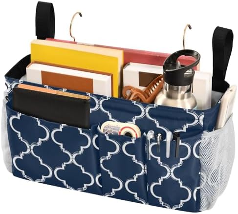 Bedside Caddy Hanging Bunk Bed Caddy Bed Organizer Hanging Pocket with 2 Hooks Bedside Storage Organizer Pocket Bag Holder Navy Blue Geometric Quatrefoil - Image 3