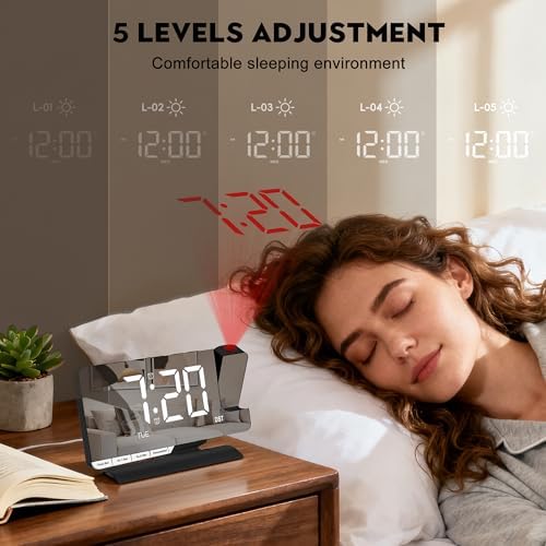 SZELAM Digital Clock,Alarm Clock Bedside with Projection,7.3" Mirror Clock with 180°Rotating Projector,Dual Alarm with 3 Mode,Brightnee Adjust,DST,Snooze,Charging Port,5 Levels Volume for Desk Teens - Image 6