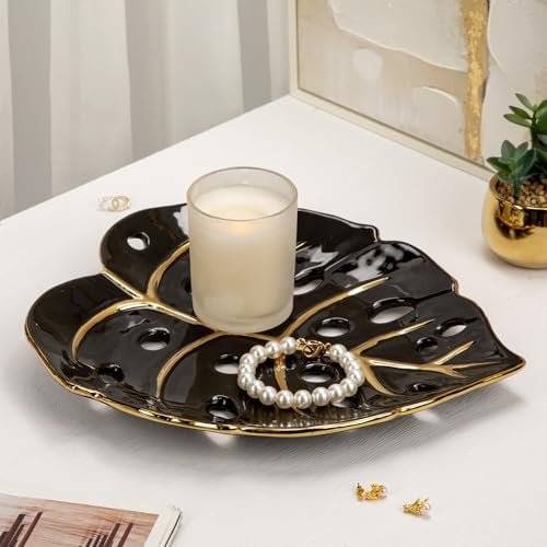 Ceramic Leaf Shaped Decorative Tray, Black Gold Monstera Leaf Plate 12.6"x11" for Jewelry, Keys, Snack, Candle Holder, Modern Table Centerpiece Home Decor - Image 3