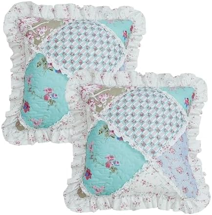 Brilliant Sunshine Blue & Green Roses Ruffle Pillowshams Set, 18"x18" - Image 3