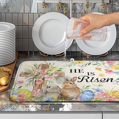 Easter He Is Risen Bunny Dish Drying Mat for Kitchen Counter Spring Easter Cross Floral Eggs Drying Pad 18x24 In Microfiber Absorbent Holiday Dishes Drainer for Kitchen Counter Tableware - Image 5
