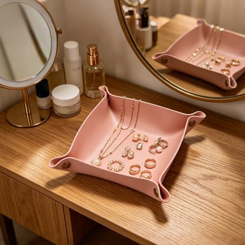 8 x 8 Inch Pink PU Leather Valet Tray for Keys, Coins, Jewelry and Phone - Image 5