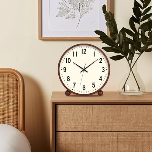 Maxspace Wooden Table Clock,8in Silent Non-Ticking Desk Clock,Battery Operated Desktop Analog Clock for Living Room Bedroom Kitchen Office Classroom Decor (Walnut - Cream Finish) - Image 6
