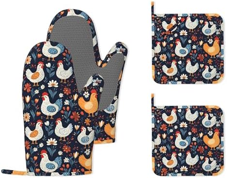 Cute Roosters Hens Chicks Heat-Resistant Silicone Oven Mitts and Pot Holders,Flower Field Long Oven Gloves with Non-Slip Grip for Cooking, Baking, Grilling,BBQ by Unknown