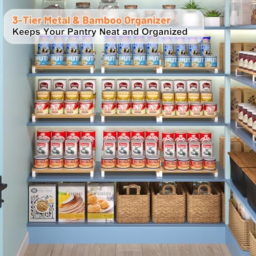 3-Tier Expandable Bamboo & Iron Can Organizer, Holds 30 Cans, White - Image 6