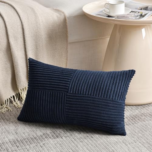 Fancy Homi 2 Packs Navy Blue Lumbar Decorative Throw Pillow Covers 14x22 Inch for Living Room Couch, Rustic Farmhouse Boho Home Decor, Soft Striped Corduroy Rectangle Accent Cushion Case 35x55 cm - Image 2