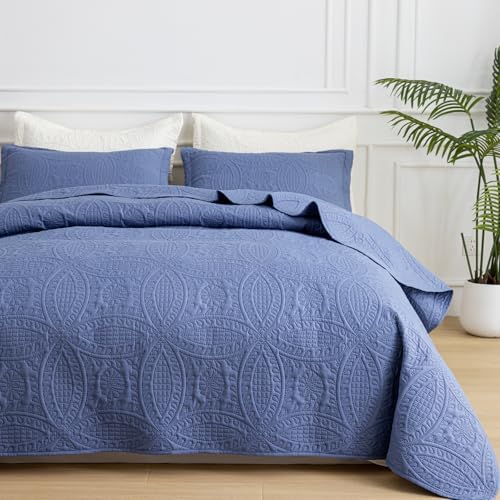 SheRest King Quilt Bedding Set - Grayish Blue Soft Breathable Bed Quilt, Modern Style Embossed Bedspreads, Lightweight Microfiber Reversible Coverlet for All Seasons-3 Pieces (1 Quilt,2 Pillow Shams) by SheRest