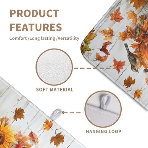 Fall Dish Drying Mat for Kitchen Counter Pumpkin Sunflower Maple Leaf Birds Drying Mats Autumn Thanksgiving Harvest Dish Drainer Mat Absorbent Microfiber Dishes Pad Large 18x24 Inch - Image 3