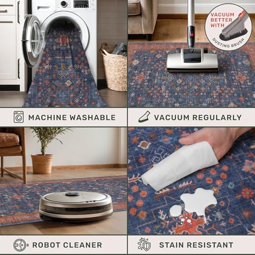 Washable 8 ft Long Runner for Kitchen Floor - Navy Blue Hallway Runner Rug, Pet Friendly Waterproof Non Slip with Rubber Backing, Stain Resistant Laundry Room Rug (2'6"x8' Navy Blue & Terracotta) - Image 4