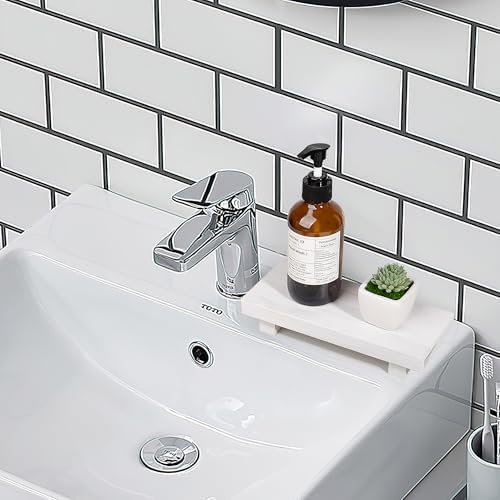 Bathroom Counter Organizer Wood Pedestal Stand Farmhouse Decorative Tray Soap Holder for Kitchen Decor, Small, White - Image 4
