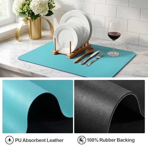 Ecotrim - Dish Drying Mat for Kitchen Counter | Coffee Bar Mat for Countertops | Heat Resistant Drainer Mat with Non-slip Rubber Backed | Hide Stain Kitchen Absorbent Draining Mat | Turquoise 18"x28" - Image 4