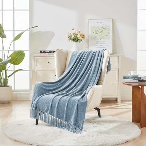 CozeCube Chenille Throw Blanket, Dusty Blue Fringe Blanket, 60"X80" - Image 2