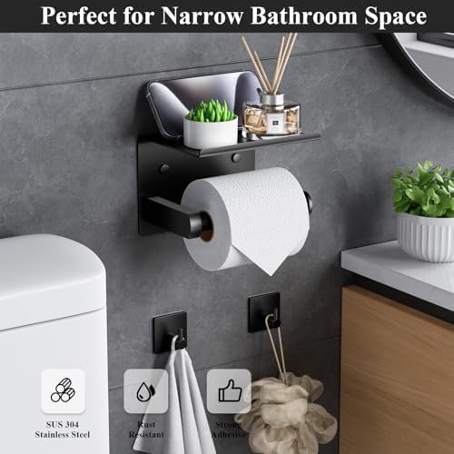 Tindbea Toilet Paper Holder Wall Mount + Towel Robe Hooks, Adhesive or Screw Wall Mounted Toilet Paper Roll Holder with Shelf, Stainless Steel Bathroom Organizers and Storage Kit (Matte Black) - Image 2