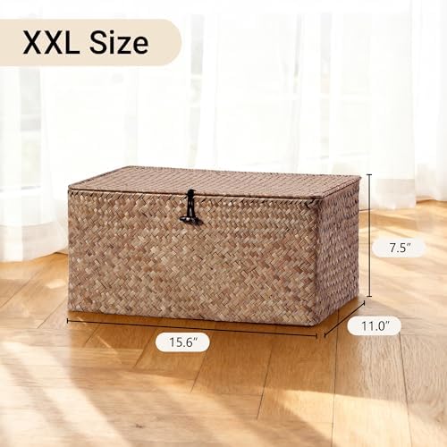 Nonam Large Wicker Basket with Lid,Seagrass Shelf Storage Basket,Coffee - Image 3