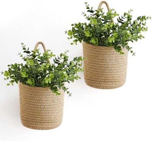 Dahey 2 Pack Woven Hanging Wall Basket 6.5"W×7"H with Artificial Eucalyptus by Dahey