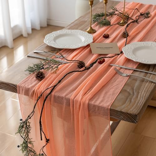 Fresh Salmon Cheesecloth Table Runner 120 in Fall Party Home Decorations - Image 2