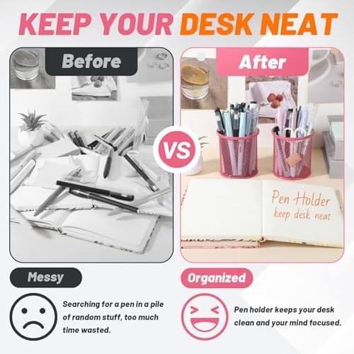 Segarty Pen Holer, 12 Pack Round Dark Pink Pencils Holder for Desk, Metal Mesh Pen Cup Container Marker Organizer Set for Office, School, Home, Desktop Storage and Organization - Image 4
