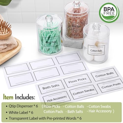6 Pack Acrylic Qtip Holder Dispenser for Cotton Swabs, Balls, Floss Picks - Image 2