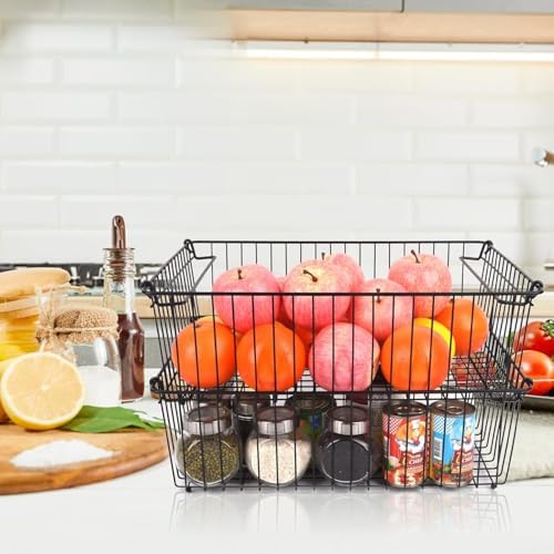 Set of 2 Stackable XXL Wire Baskets For Pantry Storage and Organization -16x12in Large Metal Food Baskets -Vegetable,Fruit,Potato,Onio, Pantry Storage Bins With Handles (White, XXL) - Image 5