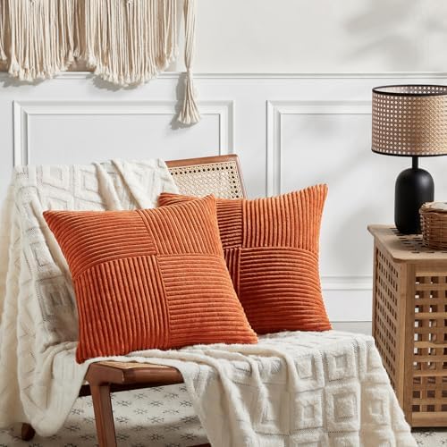 Fancy Homi Set of 2 Burnt Orange Decorative Throw Pillow Covers 24x24 Inch for Living Room Couch Bed, Boho Farmhouse Fall Home Decor, Soft Corss Corduroy Patchwork Textured Cushion Case 60x60 cm - Image 6
