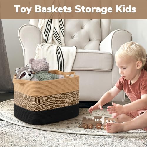 Goodpick 50L Large Woven Storage Basket, 18" x 14" x 12", Black & Jute - Image 4