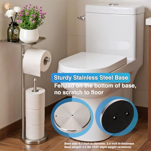 Toilet Paper Holder with Shelf, Freestanding Tissue Paper Stand with Storage Space for Extra 4 Toilet Paper Rolls (Stainless Steel Base, Brushed Nickel) - Image 5