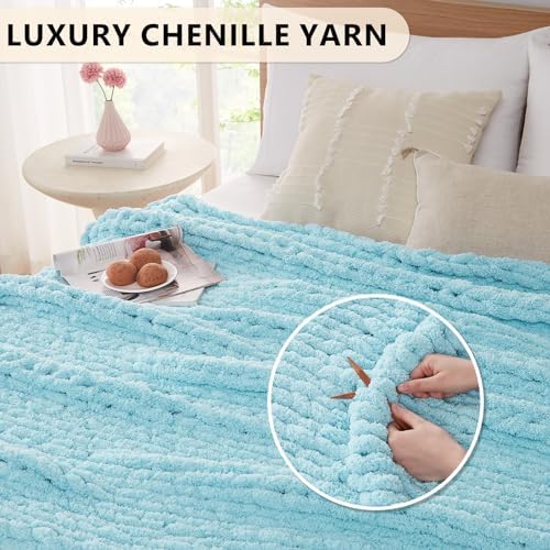 L'AGRATY Chenille Chunky Knit Blanket, Light Blue, 60x80, Heavyweight Throw Blanket for Home Decor - Image 3