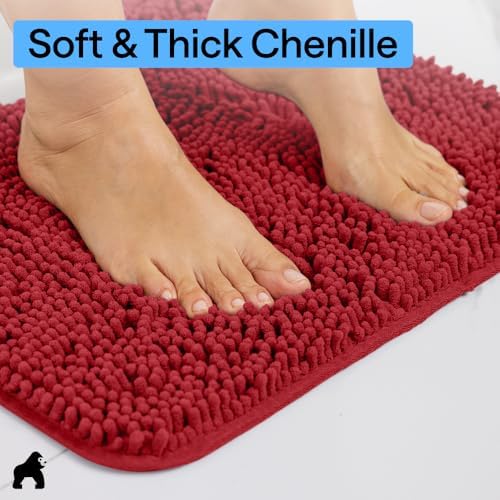 GORILLA GRIP Bath Rug Mat for Bathroom, Absorbent Chenille, 30x20 Red - Image 4