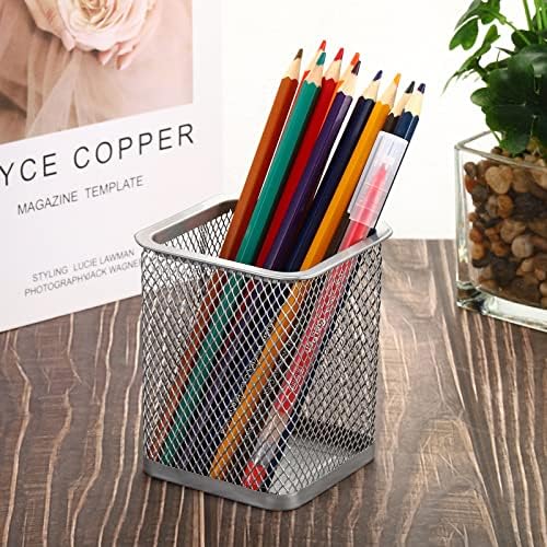 PATIKIL Mesh Pen Holder, 2 Pack Pencil Holder Pencil Basket Pen Cup Locker Organizer Square Makeup Brush Holder for Desk Accessories, Silver - Image 5