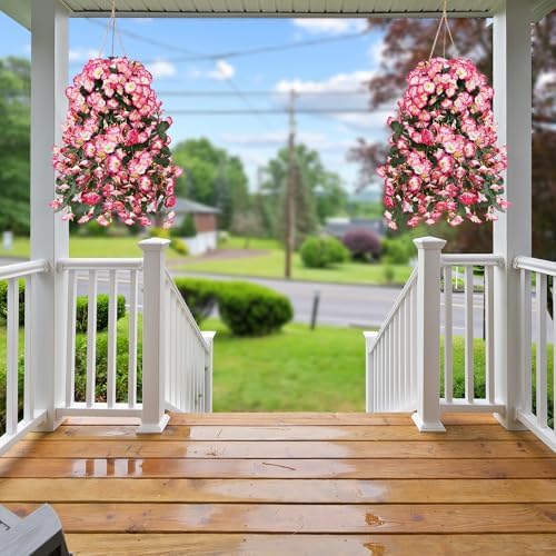 Sggvecsy Artificial Fake Hanging Flowers Plants for Outdoor Outside Spring Summer Decoration 2PCS Faux Silk UV Resistant Realistic Morning Glory Trailing Vines for Home Porch Patio Balcony(Pink) - Image 5