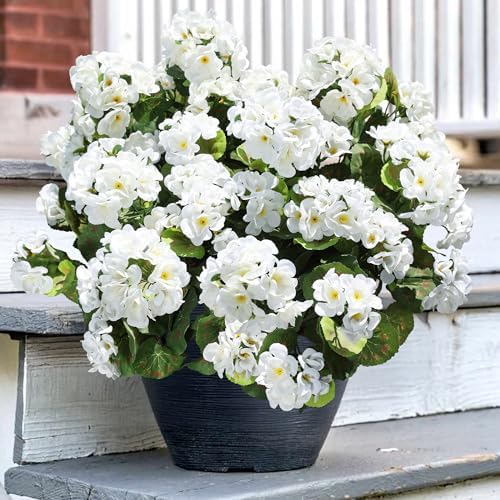 Artificial Geranium Fake Flowers for Outdoors Decoration, 6 Bundles Silk Geraniums White Flower UV Resistant Look Real Faux Plants for Front Door Garden Porch Planter Patio Balcony Yard Indoor Home - Image 2
