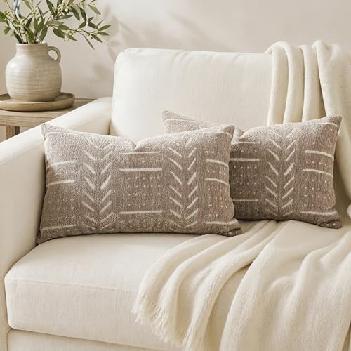 BlissBlush Decorative Lumbar Pillow Covers 12x20 Set of 2, Taupe Soft Woven Chenille Accent Pillow Covers for Couch Sofa Bed, Textured Farmhouse Cushion Covers by BlissBlush