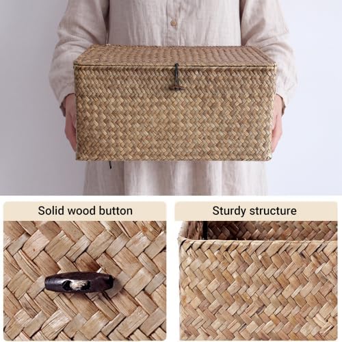 Nonam Large Wicker Basket with Lid,Seagrass Shelf Storage Basket,Coffee - Image 2