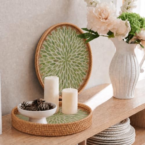 Boho Handwoven Rattan Tray with Mother of Pearl Inlay, 30 and 35cm Round Decorative Trays, Wooden Base Serving Tray for Vanity, Coffee Table & Wall Hanging Decor (2 Suites, Pattern: Greenleaf) - Image 3